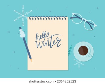 Notepad with pen and handwritten text Winter. Vector winter background with snowflakes