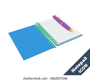 Notepad and pen icon. 3D vector illustration in flat style isolated on white background.