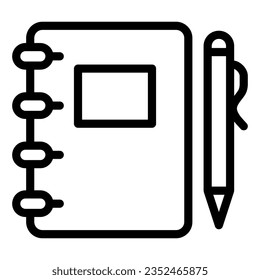 Icono de teclado y línea de lápiz, concepto de escuela, bloc de notas en espiral con signo de lápiz sobre fondo blanco, icono de almohadilla para notas en diseño web de concepto móvil de estilo de contorno. Gráficos vectoriales.