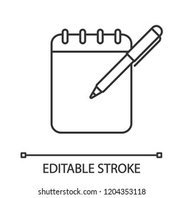 Notepad with pen linear icon. Taking notes. Thin line illustration. To do list. Planner. Action planning. Business plans writing down. Contour symbol. Vector isolated outline drawing. Editable stroke