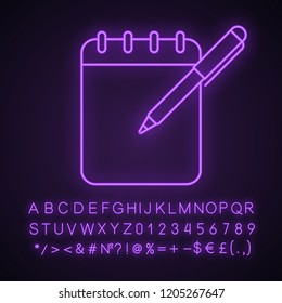 Notepad with pen neon light icon. Taking notes. To do list. Planner. Action planning. Business plans, tasks writing down. Glowing sign with alphabet, numbers and symbols. Vector isolated illustration