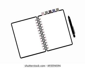 Notepad, pen,  paper sheet isolated on white background with place for text.