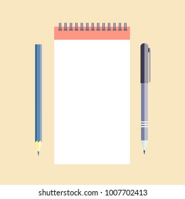 Notepad with pen and pencil. Clear document mock up template . Vector illustration
