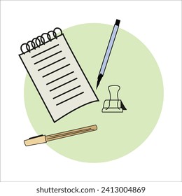 notepad, pen and pencil, stationery, objects for study, drawing and creativity. vector image, for stickers, posts and posters
