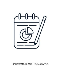 
Notepad, pen, pie chart. Concept for business plan, strategy for success, financial analytics. Vector icon isolated on white background