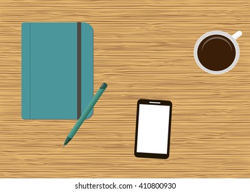 Notepad, pen, smartphone  and coffee cup on wood deck. Vector illustration