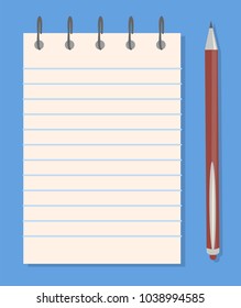 Notepad and pen templates, colorful banner isolated on blue background, spiral binder, clear worksheet, notepad with blue lines, vector illustration