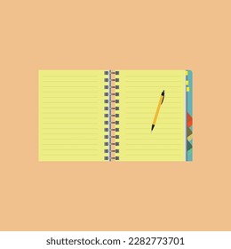 Notepad with pen in top view. Sketchbook or open diary. Office and business stationery flat Vector illustration.