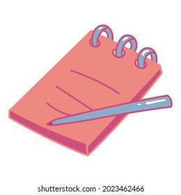 Bloc de notas con ilustración vectorial de bolígrafo. Doodle, cómic, dibujado a mano.