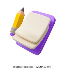 Notepad with pencil 3d icon. Vector isolated illustration of blank paper sheets. Art creation process concept