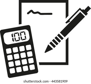 Notepad, pencil and calculator icon