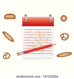 Notepad with pencil for cooking recipes - bakery products - isolated on white background - art vector
