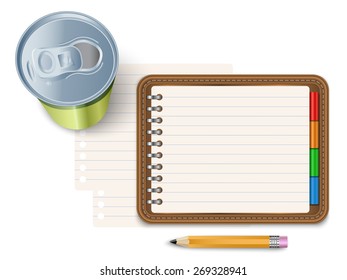 Notepad with pencil and energy drink