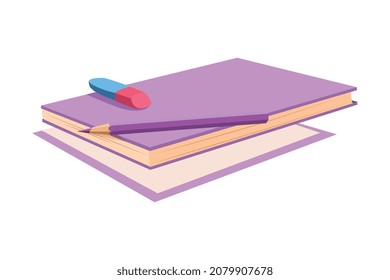 Notepad with Pencil and Eraser as Kids Items for Drawing Vector Illustration