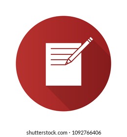 Notepad with pencil flat design long shadow glyph icon. Taking notes. Vector silhouette illustration