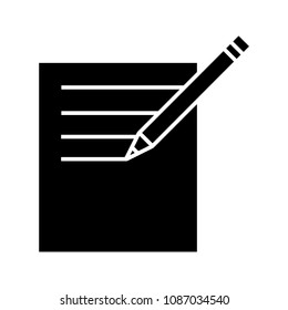 Notepad with pencil glyph icon. Taking notes. Silhouette symbol. Negative space. Vector isolated illustration