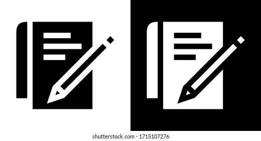 Notepad and Pencil. Glyph Icon in White and Black Version.
