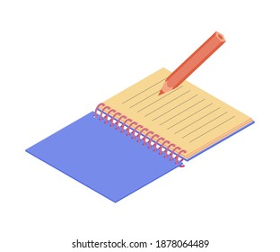 Icono de Bloc de notas y lápiz. Isométrica ilustración vectorial 3D en estilo plano aislada en fondo blanco.