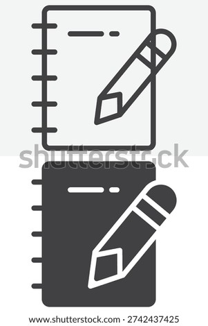 Notepad and pencil icon set in line and solid style. Outline and solid notepad and pencil icon with editable stroke vector sign and symbol for notes and writing.