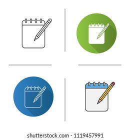 Notepad With Pencil Icon. Taking Notes. Flat Design, Linear And Color Styles. Isolated Vector Illustrations