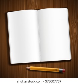 Notepad and pencil lie on a wooden table. Stock vector illustration.