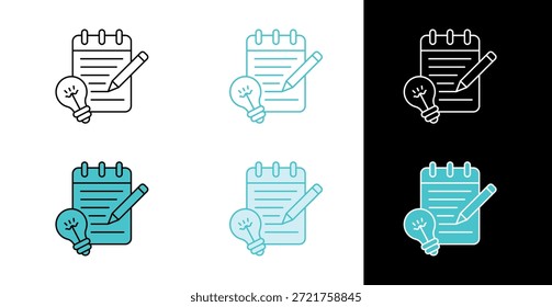 Bloc de notas con lápiz e icono de bombilla para escritura creativa y lluvia de ideas en línea y estilo de relleno