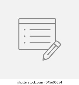 Icono de la línea del Bloc de notas y del lápiz para web, móvil e infografía. Icono vector de gris oscuro aislado en fondo gris claro.