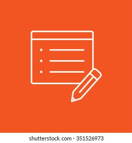 Notepad and pencil line icon for web, mobile and infographics. Vector white icon isolated on red background.