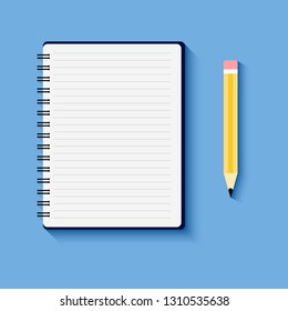 Notepad with pencil on blue background with shadows empty paper work paper success checklist report work. Flat design EPS 10