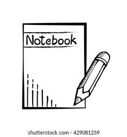 Notepad with pencil on white background. Template for advertising. Notebook or stationery in doodles style. Business concept drawing.