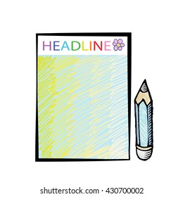 Notepad with pencil on white background. Template for advertising. Notebook in doodles style. Business concept drawing.