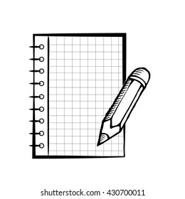 Notepad with pencil on white background. Template for advertising. Notebook or stationery in doodles style. Business concept drawing.