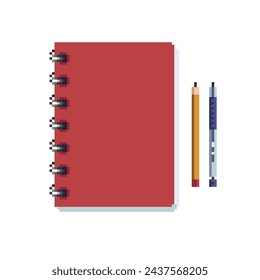 Notepad with pencil pixel art. Notebook with pen element. Spiral coil book 8 bit. 