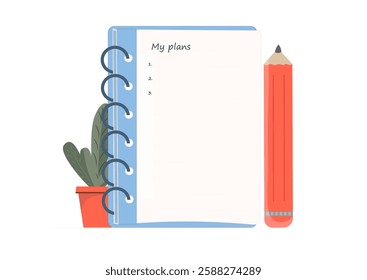 Notepad and pencil, planning work, paper sheet of notebook for memo notes, blank lined diary, planner on spirals, organizer for business records, flat vector illustration.