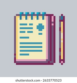notepad and pencil sign in pixel art style with isolated background