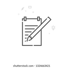 Notepad with Pencil Vector Line Icon. Writing, Authors and Books Symbol, Pictogram, Sign. Light Abstract Geometric Background. Editable Stroke. Adjust Line Weight. Design with Pixel Perfection.