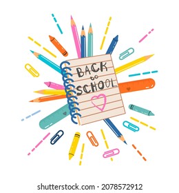 Notepad with pencils. Back to school concept. Hand drawn illustration in cartoon style. Education theme. Vector on white background