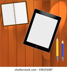 Notepad and pencils on the table. Made in vector