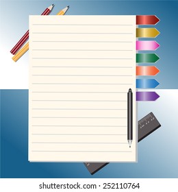 Notepad with pencils and pen, vector illustration