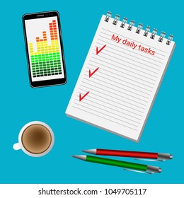 Notepad, phone, coffee and pens on the office desktop to decorate banners, websites, postcards, posters.