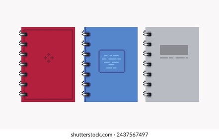 Notepad pixel art set. Notebook collection. Spiral coil book 8 bit. Game development, mobile app. Isolated vector illustration. 