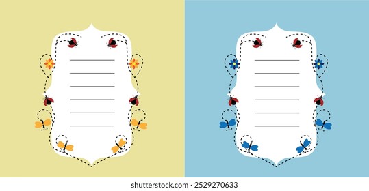 Notepad Planner Template with Colorful Butterflies Ladybugs and Flowers. Graphic design resources and concepts for a diary or notebook vector
