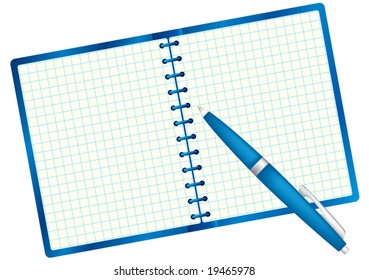 Notepad for sample text and pen. Blue palette. Vector illustration. Isolated on white background.