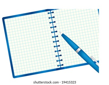 Notepad for sample text and pen. Clipping mask include. Blue palette. Vector illustration. Isolated on white background.