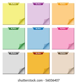 Notepad set in assorted colors with page curled up, clip at top of pad and ample copy space for text. Raster also available.