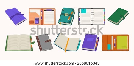 Notepad set. Diary, business organizer, daily planner, open and closed paper notebooks. Hand drawn vector illustration isolated on white background, modern flat cartoon style.