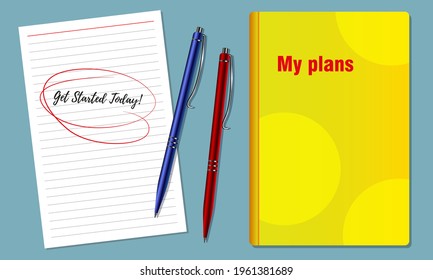 Notepad, sheet of paper and 2 pens
