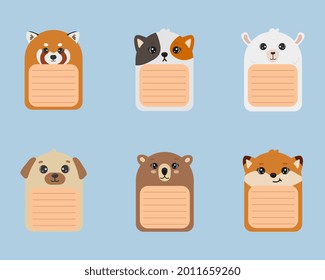 Notepad sheets with cute animals. Cartoon schedule, sticky notes or planner. Vector illustration. Cute bear, alpaca, red panda, cat, fox and pug.