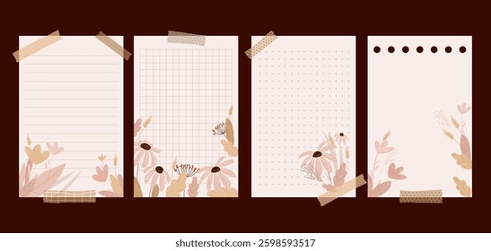 Notepad sheets templates set with floral botanical elements. lined, grid, dot, and blank pages with washi tape details. for journaling, planner, stationery, scrapbooking, digital note taking.Vector