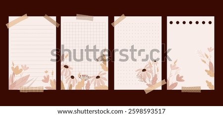 Notepad sheets templates set with floral botanical elements. lined, grid, dot, and blank pages with washi tape details. for journaling, planner, stationery, scrapbooking, digital note taking.Vector